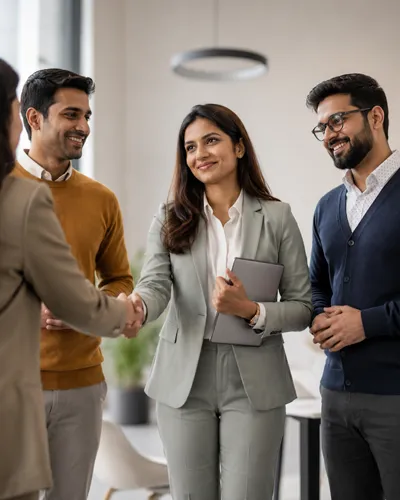 Asentforce team members welcoming a new professional with a warm office handshake.