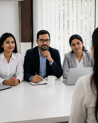 Asentforce team conducting a professional interview with a candidate in an office.
