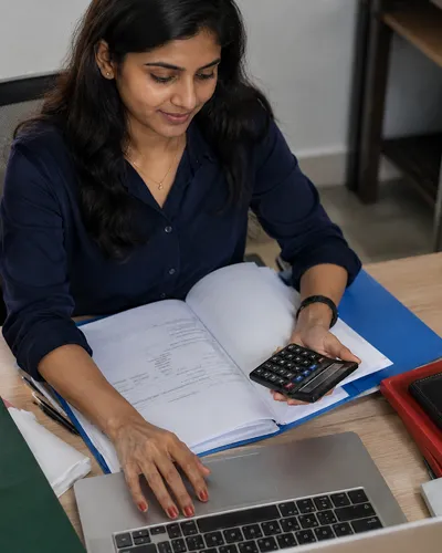 Asentforce finance professional using a calculator and laptop for accounting tasks.